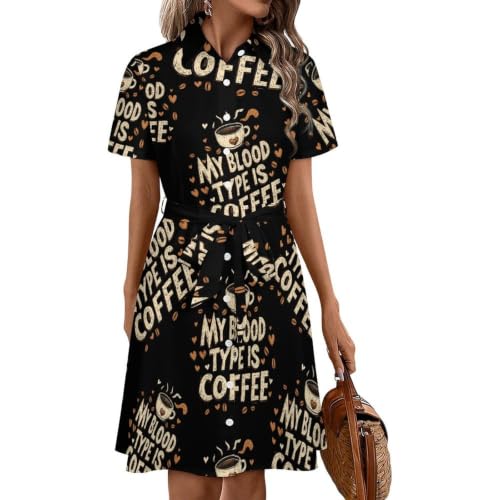 Robe chemise d'été boutonnée mi-longue motif humour café femme