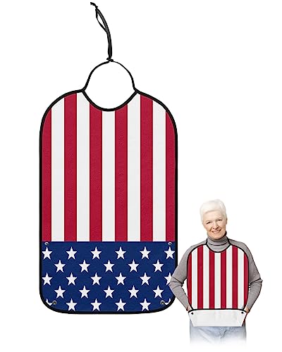 Fourth-of-July Adult Bib for Eating with Crumb Catcher,Washable & Waterproof Terry Cloth Adjustable Elderly Women Men Adult Bibs Funny Apron Clothing Protector Red Stripes Blue Stars 4th-of-July