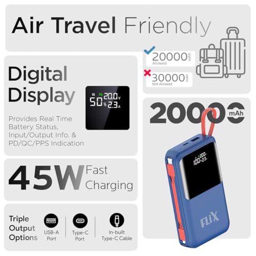 Image of FLiX (Beetel) UltraCharge XPB-P45 20,000mAh 45W QC Power Delivery PPS Power Bank, in-Built Type C & Lightning USB Fast Charging Cables, LED for Charging Percentage with Amp and Volt Display (Blue)