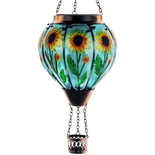 Starsoul Sunflower Hot Air Balloon Solar Lantern Glass Outdoor Hot Air Balloon Solar Flickering Flame Light Hanging Solar Lanterns Outdoor Waterproof Garden Patio Yard Party Decor