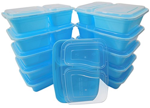 Table to Go 20-Pack Bento Lunch Boxes with Lids (2 Compartment/ 32 oz) | Microwaveable, Dishwasher & Freezer Safe Meal Prep Containers | Reusable Dish Set for Prepping, Portion Control & More (Blue)