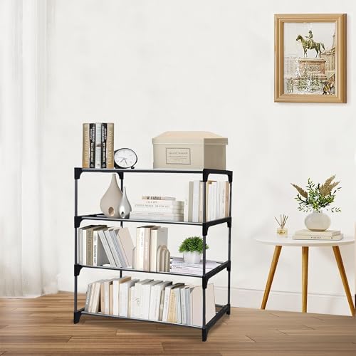 Image of 4 Tier Metal Book Shelf Tall Narrow Storage Rack for Kids and Adults Modern Bookshelf Unit for Nursery, School, Home, and Office, Floor Mount Open