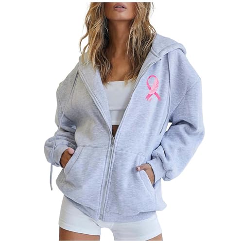 Sweat à capuche cancer du sein pour femme avec fermeture éclair et poche cordon