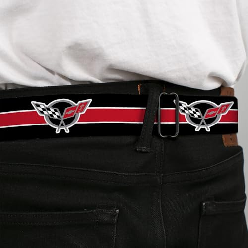 Image of Buckle-Down Seatbelt Belt - CORVETTE C5 Logo /Stripe Black /White /Red /Gray Repeat - 1.0 inch Wide - 20-36 Inches in Length