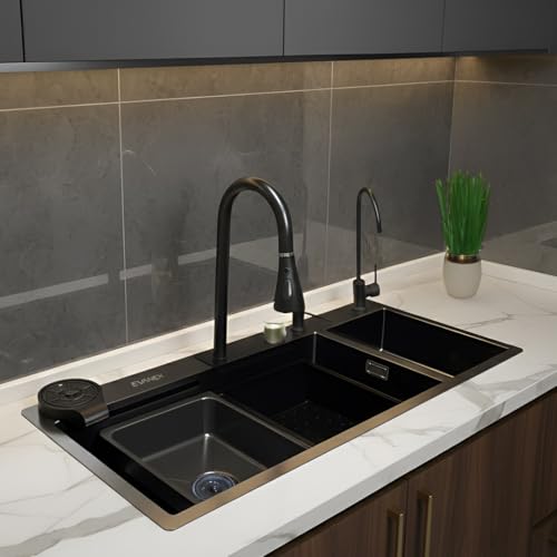 Image of EVANEX Double Bowl Kitchen Sink 37x18x9 Inch Waterfall Sink 304 Grade Stainless Steel Single Bowl Sink for Kitchen with Integrated Waterfall & Pull-down Faucet with Anti-Scratch Honeycomb Design