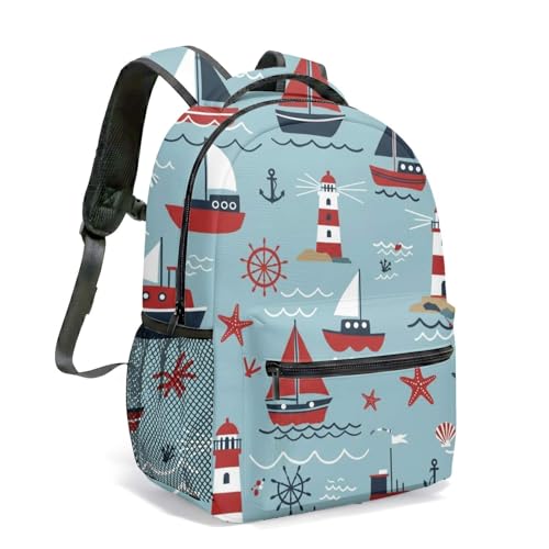 Mochila náutica de 16 pulgadas con diseño de faro de velero vibrante con ancla del océano para adultos, hombres y mujeres, viajes, 01., L, Casual