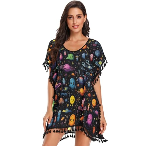 KAAVIYO Colorful Pattern Space Star Women's Beach Cover Up Chiffon Tassel Swimwear Swimsuit Coverups for Girl