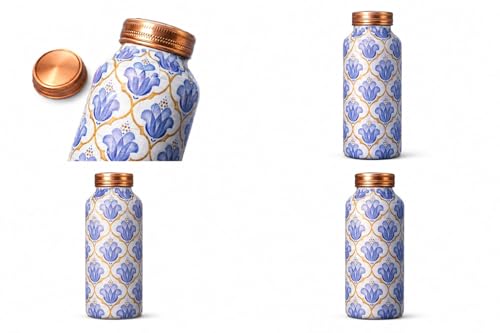 Image of Copper Water beutiful blue and white floral Print Design Leakproof Ayurvedic Drinking Bottle for Home Office Gym Travel Pure Copper Bottle for Health Benefits
