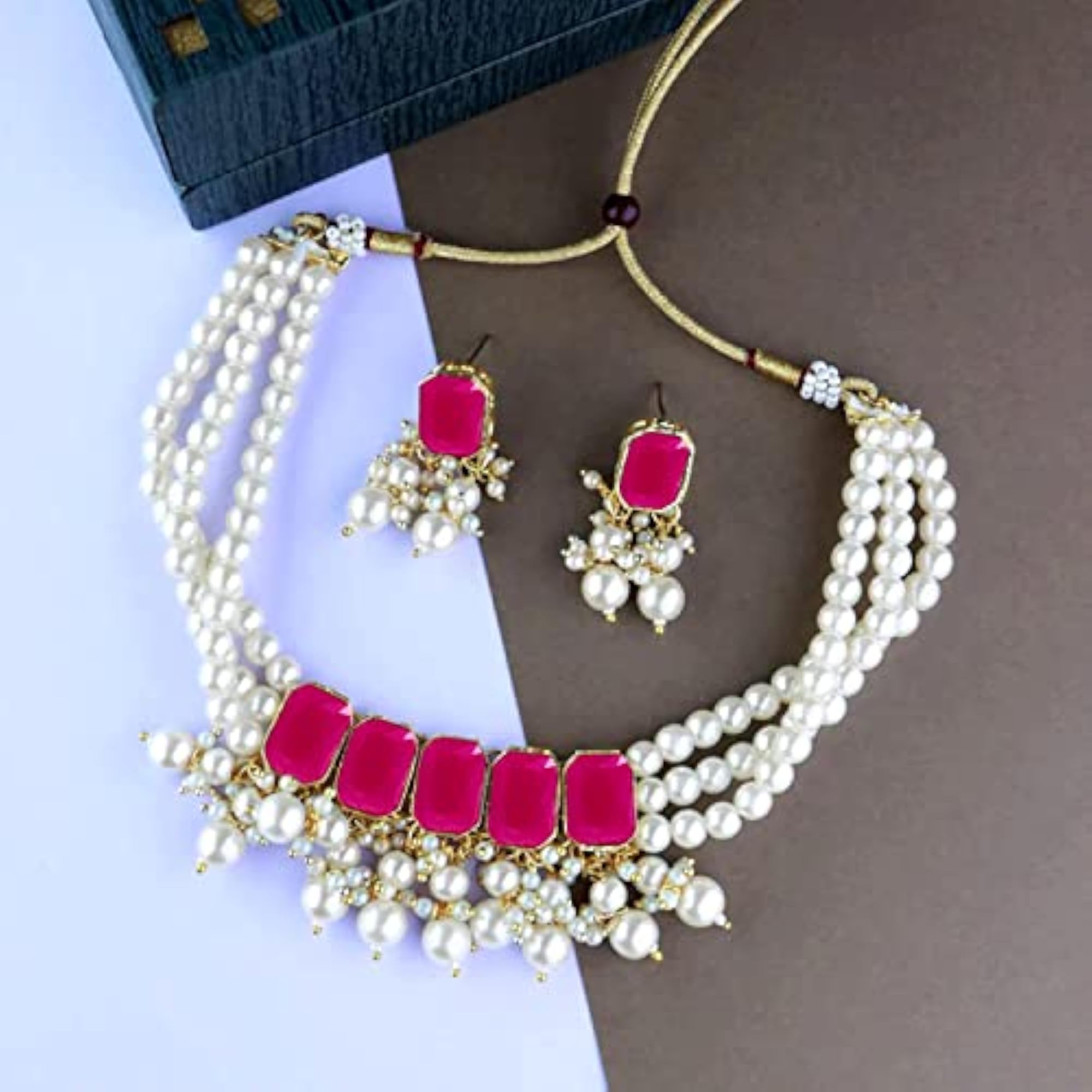 18K Gold Plated Multi Layered Pearl Choker Necklace Set