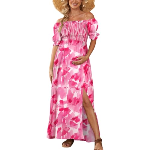 Floral Maternity Dress Square Neck Puff Sleeve Smocked Boho Photoshoot Baby Shower Pregnancy Dresses