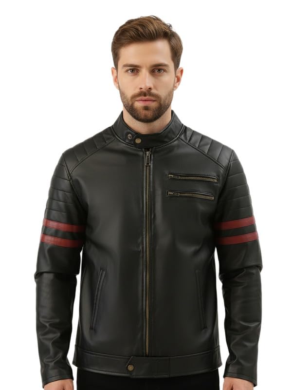 leather retail Men'S Black Cafe Racer Faux Leather Jacket With Red Stripe Detail-picture-39