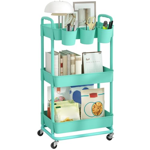 Image of JIUYOTREE 3-Tier Plastic Rolling Storage Cart Utility Cart with Extra Hanging Cups Handles Lockable Wheels for Living Room Bathroom Kitchen Office Green