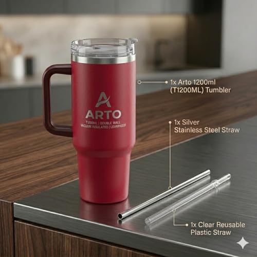 Image of Arto Stainless Steel Insulated Tumbler with Handle and Straw, 1200 ml, Leakproof Lid, Cup Holder Friendly - Multicolour (POF-1)