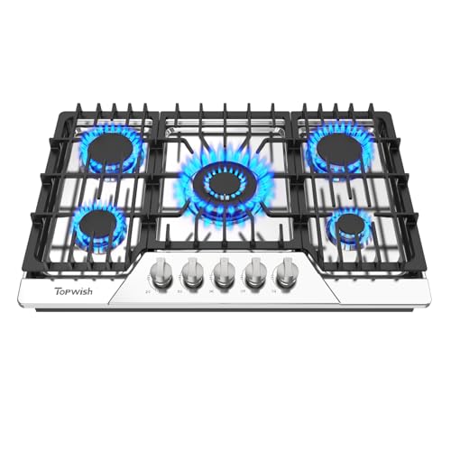 30 Inch Gas Cooktop, TOPWISH Gas Stove Top with 5 High Efficiency SABAF Burners, 41400 BTU, NG/LPG Convertible 304 Stainless Steel Built-in Propane Stovetop with Thermocouple Protection, 120V AC