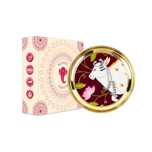Image of Klassic 6 Inch Brass Pooja Thali, Traditional Auspicious Handcrafted Designed Bhog Plate for Puja Ghar Home Office Mandir Diwali Wedding Return Gift Items (Pack of 4, Golden)