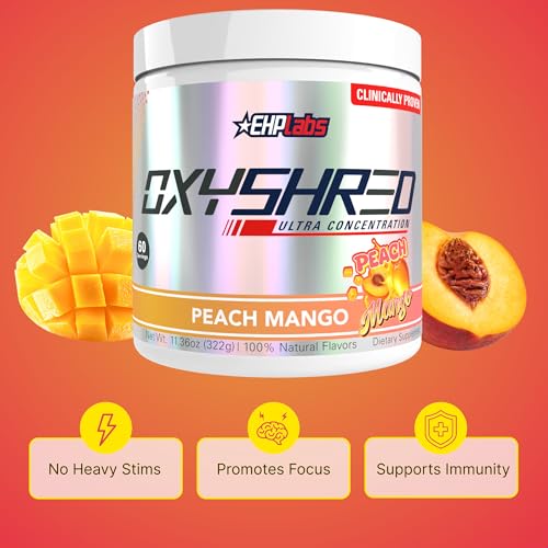 Image of EHP Labs OxyShred Pre Workout Powder - Preworkout Powder with L Glutamine & Acetyl L Carnitine, Energy Boost Drink - Peach Mango, 60 Servings