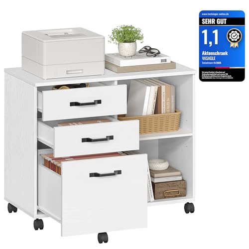 VASAGLE Rollcontainer, Aktenschrank, mit 3 Schubladen und Rollen, offene Fächer, für Dokumente in DIN A4-, Letter-Format, Druckerständer, Industrie-Design, weiß mit Holzmaserung OFC041W46