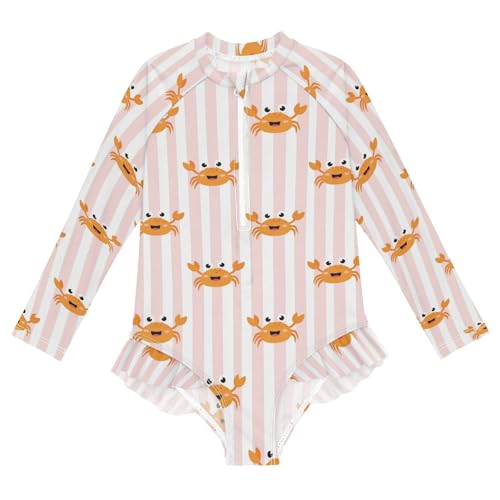 Crab Pattern on Stripes Girls Rash Guard Swimsuits Long Sleeve One Pieces Bathing Suit UPF 50+ Zipper Swimwear