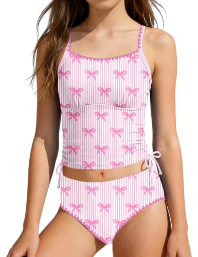 Image of Girls Swimsuit Solid Color Tankini Contrast Trim Swimwear 2 Piece Bathing Suit Padded Swimsuits for Teens 9-16Y