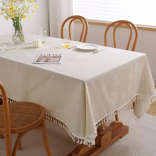 Nappe carrée 90x90cm beige en lin avec pompons Beydodo