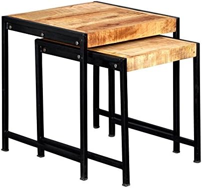 Indian Hub Cosmo Industrial Nest of Tables, Natural Wood/Dark Metal, 48.5x48.5x51 cm