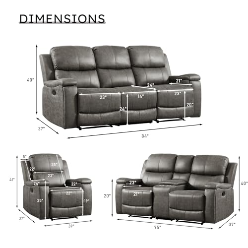 Image of CANMOV Faux Leather Manual Reclining Sofa Furniture Set, Manual Recliner Chair, Manual Loveseat and 3 Seat Recliner Sofa Couch Set for Living Room,Grey