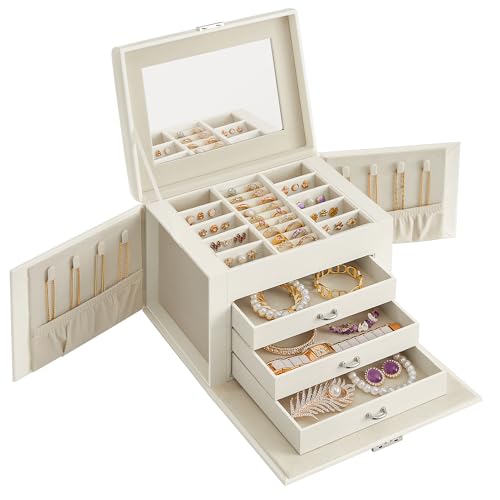 SONGMICS Boîte à Bijoux 4 Niveaux, Écrin à Accessoires avec 3 Tiroirs, Poignées, Miroir Intérieur, Verrouillable, Rangement pour Bijoux, pour Montres, Blanc Nuage et Blanc Crème JBC159W02