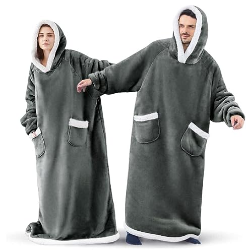 Sacebeleu Kuscheldecke mit Ärmeln,Oversized Weich Decke Hoodie Sweatshirt,Sherpa Kapuzenpullover für DamenHerren,Flauschige Flanell TV-Decke mit Ärmel,Tragbar Ganzkörperdecke,Dunkelgrau