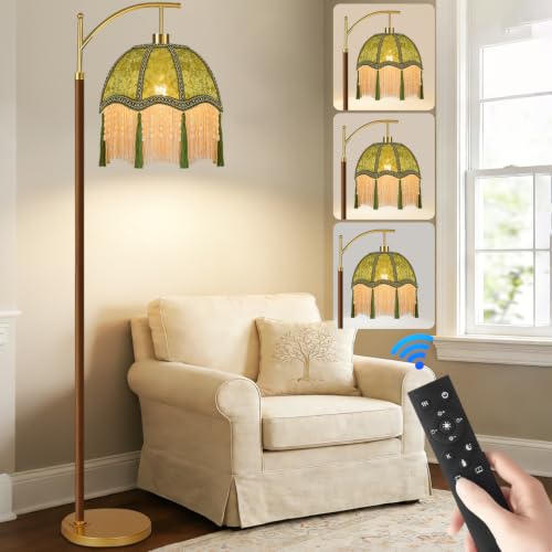 Wood Floor Lamps for Living Room Arc Boho Floor Lamp with Remote Control &3 Color Temperature,Vintage Green Floor Lamp Flower Mid Century Modern Standing Lamp Fringe Tall Floor Lamp for Bedroom Corner