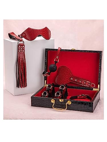 Power Escorts Luxus-Bondage-Koffer Set aus schwarzem Leder, Fesseln, Maske, Peitsche und Accessoires (Rot)