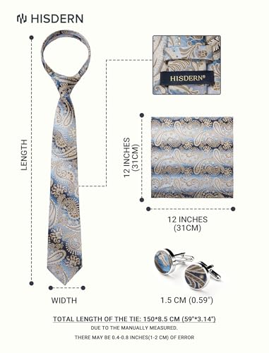 Image of HISDERN Ties for Men Paisley Tie and Pocket Square Cufflinks Set Formal Classic Floral Necktie Handkerchief Wedding Party