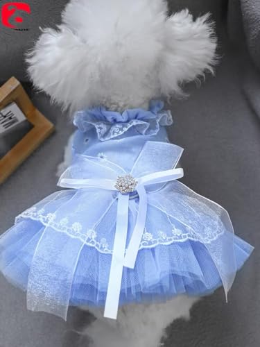 Image of HDKUW Small Dog Dress, Girl Puppy Lace Princess Skirt Tutu Dress with Bowknot,Chihuahua Yorkie Clothes Outfit for Birthday Wedding Party Blue Daisy XS