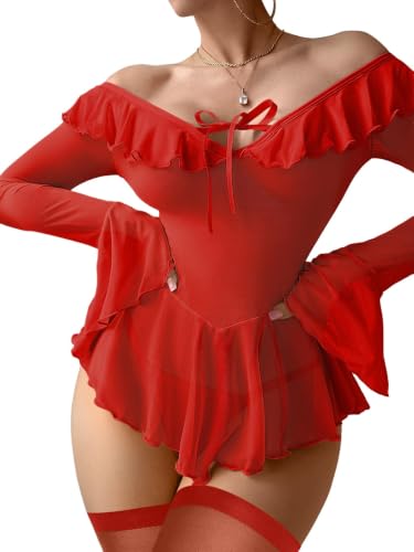 Image of Foxiny Sheer Ruffle Long Sleeve Babydoll Lingerie Dress | Off-shoulder neckline, flared cuffs and a flounce hem add movement; thong and thigh-high stockings complete the 3-piece set