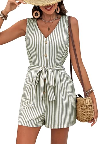 Sumtory Womens Romper Shorts Linen Striped Short Jumpsuit Summer Sleeveless V Neck Tank Top Rompers Green L