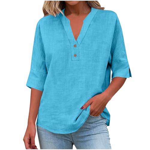 Chemise Femme Coton Et Lin Chemises Lin Manches 3/4 Col V Boutonné Top Henley Chemise Couleur Uni Lâche Respirant T-Shirts Tunique Femmes Chic Et Elegant...