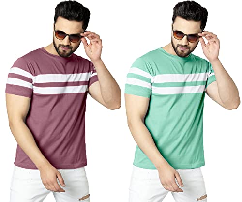 Image of RodZen Men's Polyester Round Neck Regular Fit Striped T-Shirt (Combo Pack of 2)