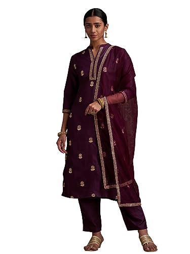Image of INDO ERA Women's Embroidered Viscose Kurta Trouser With Dupatta Set (IEOUT3762)