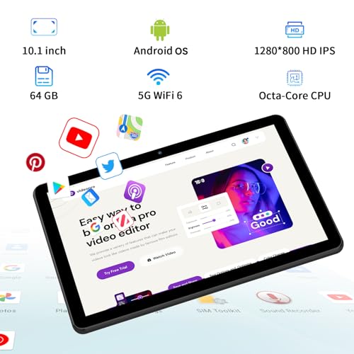 Image of Android Tablet 10 Inch, 4GB+64GB+1TB, Dual Camera,IPS Screen,Grey