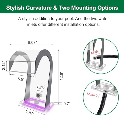 LONGRUN Waterfall Spillway Acrylic S-Shaped Pool Fountain with Color Changing LED Light, Pond Waterfalls Outdoor Water Spillway Fountains Kit for Garden Patio Swimming Pool Decoration-12.6" Height