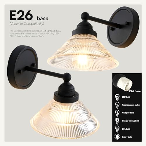 Image of Vintage Wall Sconce 1-Light with Clear Ribbed Glass Shade, Industrial Hardwired Wall Light Fixture for Bedside Living Room Vanity Bathroom Hallway