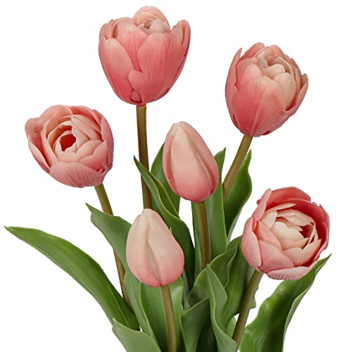Image of DILATATA 6 Pcs Artificial Tulips Flowers Pink Real Touch Fake Latex Tulips Flowers for Mother's Day 14 inch Faux Tulips Faux Flowers for Vase Centerpieces Home Wedding Bouquet