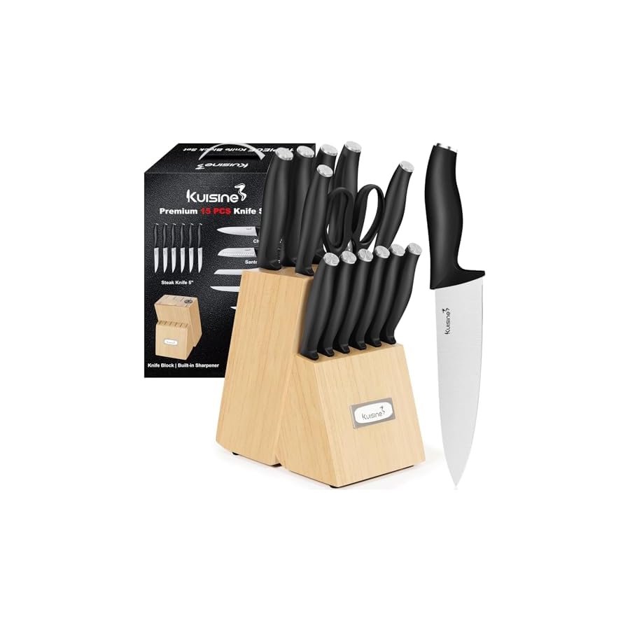 Kuisine-Kitchen-Chef-Knife-SetForged-Stainless-Steel-Ultra-Sharp-Blade-Ergonomic-HandleKitchen-Knives-Set-with-Block-Built-in-Sharpener Kuisine Kitchen Chef Knife Set,High Carbon Stainless Steel Ultra Sharp Blade Ergonomic Handle,Knife Set with Block Built-in Sharpener(15PCS,Black)