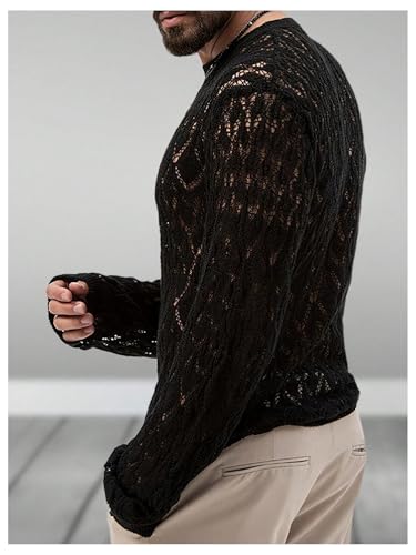 Floerns Men's Hollow Out Knitted Sweater Long Sleeve Undershirt Street Club Pullover Tops3