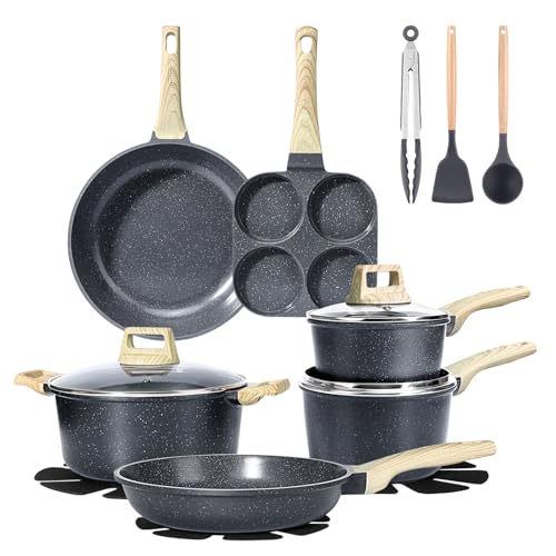 GiPP Topfset 17-teilig,Topf-und Pfannenset mit Antihaftbeschichtung,Pfannen 24+28 cm,Topf 4,2 L,Kochtöpfe 16+18 cm,4-Loch Omlettenpfanne, mit Pfannenwender+Löffel,für alle Herdarten geeignet