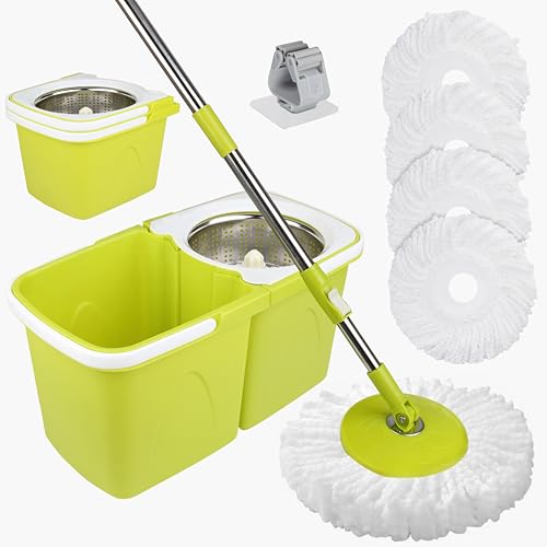 ARSUK cubo con 2 departamentos y fregona giratoria Apilables, 4 Repuestos de Microfibra, Mango Telescópico de Acero Inoxidable, Dispensador de Jabón Integrado, Cabezal Giratorio 360°, Suelos Laminados