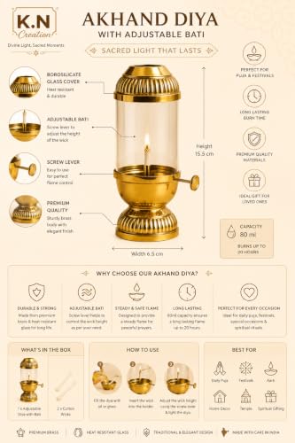 Image of K.N Creation Pure Brass Akhand Jyoti Diya Oil Lamp with Adjustable Bati Knob | Lifting Screw Wick Holder for Puja | Borosilicate Glass Cover (Small- Oil Capacity 80 ML) Stay Lit for 20 Hours