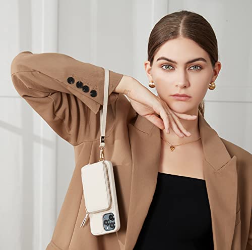 Zve Iphone 12 Pro Max Wallet Case Crossbody, Leather Phone Case With Rfid Blocking Card Holder Small Lipstick Keys Pouch Wrist Strap, Zipper Cover Purse For Iphone 12 Pro Max (6.7 Inch)- Beige #TOP4