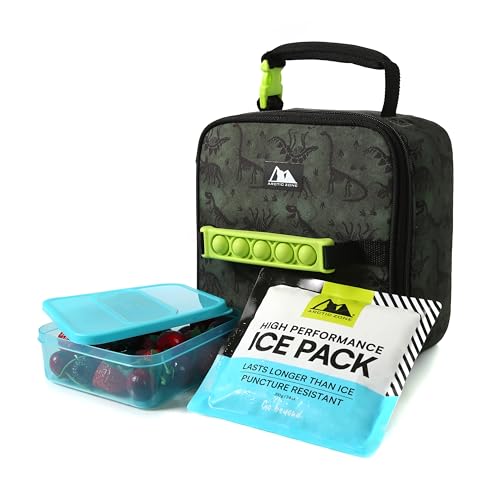 Image of Arctic Zone Kids Lunch Box Combo with Fidget Handle, Dino Skeleton Dye | Kids lunch box with reusable gel ice pack and sandwich container, fidget handle, 2 compartment cooler for school or travel