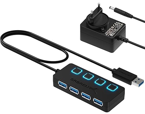 SABRENT Hub USB Alimenté, Ultra-Fast 5 Gbps 4 Port Hub USB 3.0 avec des Commutateurs Et des Voyants d'alimentation Individuels, Multi Hub Adaptateur Mac, Adaptateur...
