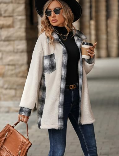 FEOYA Sherpa Jacket Women Fleece Shacket Plaid Long Button Down Coats Teddy Oversized Lapel Color Block Outerwear Pocket4